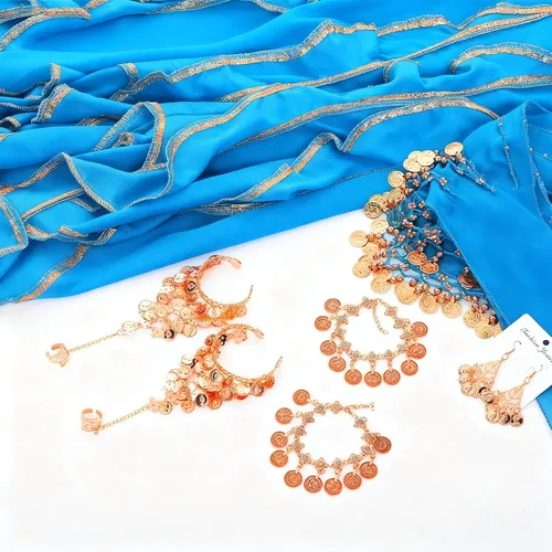 Miniatura 38 de Haysandy Conjunto de 8 piezas de danza del vientre para mujer, falda de danza del vientre, bufanda de cadera, 2 pulseras, aretes, pulsera de tobillo