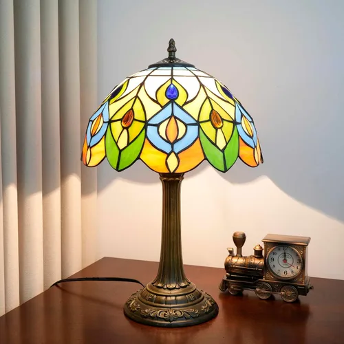Miniatura 19 de Tiffany - Lámpara de mesa con vitrales de 12 pulgadas, hoja de uva verde, estilo Tiffany, lámpara vintage Nouveau para dormitorio, sala de estar
