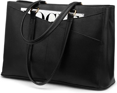 Miniatura 23 de LOVEVOOK Bolsa de mano para computadora portátil para mujer, bolsas de trabajo de cuero de 15.6 pulgadas con soporte grande para tazas para Negro