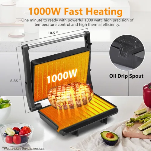 Miniatura 2 de Panini - Parrilla de prensa, sandwichera Aigostar de 1000 W con placas antiadherentes de cerámica, abre 180 grados para cualquier tamaño de Negro
