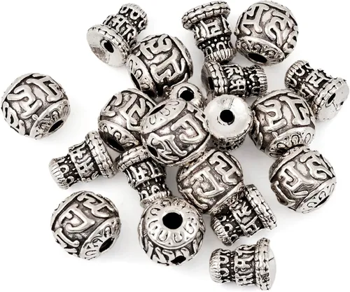 Juego de 10 cuentas de plata tibetana de gurú de 3 agujeros, cuentas perforadas en T, cuentas de gurú budista, cuentas sueltas de metal, cuentas de