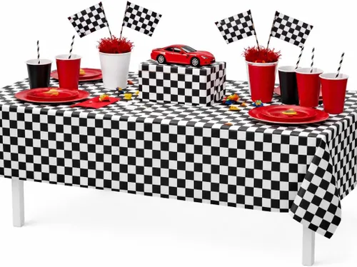Miniatura 2 de Mantel desechable para fiestas con motivo de bandera de meta de carreras de automovilismo, a cuadros negros y blancos, de GIFTEXPRESS® (paquete de 2)