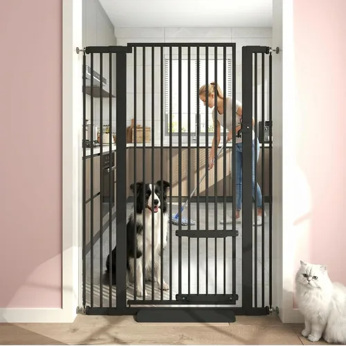 Miniatura 10 de Puerta extra alta para gatos de 55.11 pulgadas, puerta de 29.5-40.6 pulgadas de ancho con puerta pequeña para gatos, puerta de seguridad para Blanco