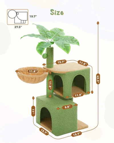 Miniatura 4 de PEQULTI Árbol de gato de 43 pulgadas para gatos de interior, árbol de escalada con postes rascadores para gatos, 2 condominios grandes y hamaca