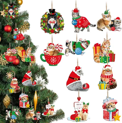 Tiamon 20 adornos de madera de Navidad para árbol de Navidad, decoración colgante surtida, cachorro, perro, gato, vaca, oso, cardenal, pájaros,