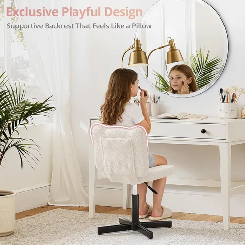 Miniatura 4 de LUE BONA Taburete de tocador ajustable con respaldo ancho con orejas de oso femenino, taburete giratorio de 360° para sala de maquillaje, otomana