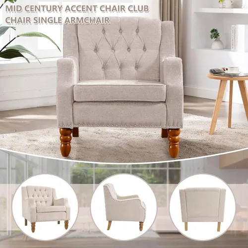 Miniatura 6 de TTK Sillas decorativas de tela de lino, moderna de mediados de siglo, silla decorativa tapizada individual con respaldo, cómoda silla de lectura