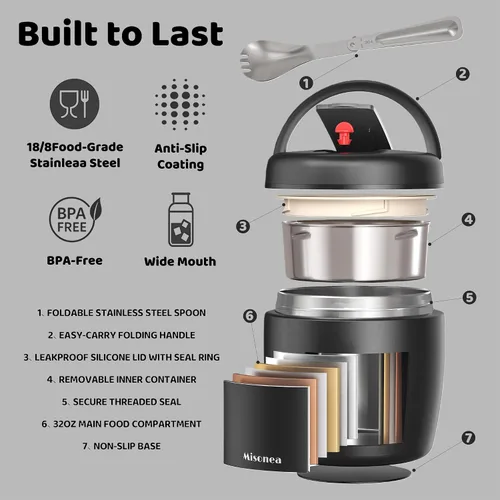 Miniatura 3 de Termo para Comida Caliente 32OZ, Frasco de Comida con Aislamiento al Vacío para Adultos, Termo de Sopa de Acero Inoxidable de Boca Ancha a Prueba