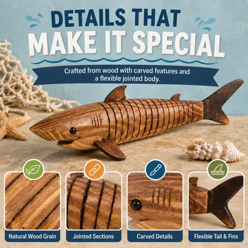 Miniatura 5 de Garneck Modelo de tiburón de madera de 12.9 pulgadas: escultura de animal para pintar y jugar, figura de pez flexible articulada para artes