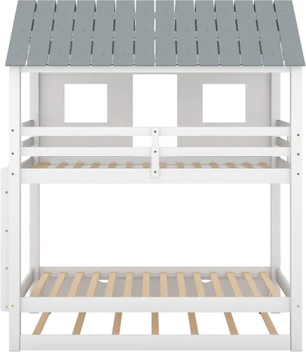 Miniatura 9 de JIVOIT Litera de madera con diseño de techo y ventanas, litera individual sobre individual con nido y escalera integrada para niños, adolescentes