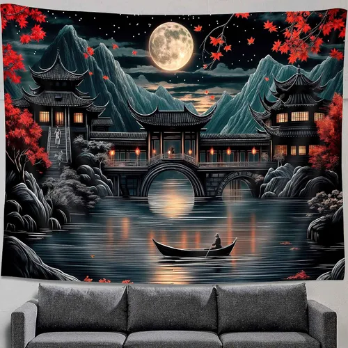 Miniatura 4 de Uokiuki Tapiz de anime japonés, tapiz de luna llena de luna llena de luna llena negro y rojo para colgar en la pared, tapiz estético de paisaje