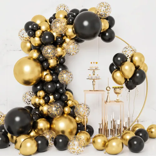 RUBFAC Globos negros y dorados, decoraciones de graduación 2026, 130 piezas de globos de confeti de metal negro dorado y metálico, kit de arco para
