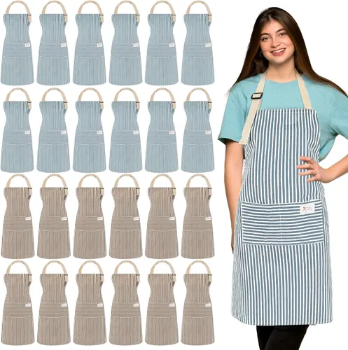 Miniatura 12 de Janmercy 24 delantales para mujeres y hombres con 2 bolsillos, delantal de cocina de lino, delantal ajustable para chef, delantales a granel unisex
