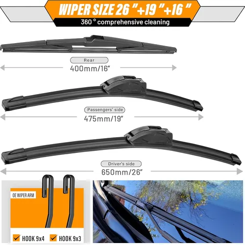 Miniatura 3 de AUTOBOO Limpiaparabrisas de 26 + 19 pulgadas con limpiaparabrisas trasero de 16 pulgadas de repuesto para Toyota Prius 2010, 2011, 2012, 2013, 2014