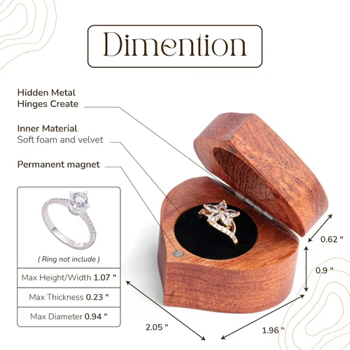Miniatura 4 de MONYCraft Caja de anillo con forma de corazón Caja de madera hecha a mano para propuesta, caja de anillo de compromiso de madera, caja de anillo