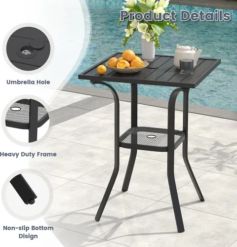 Miniatura 4 de VICLLAX Mesa de altura de barra para patio, mesa de bistró cuadrada para exteriores con agujero para paraguas, marco de metal y diseño de listones