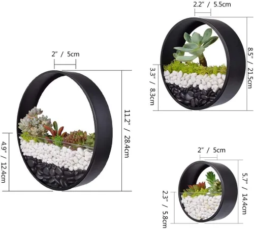 Miniatura 7 de Juego de 3 macetas redondas para colgar en pared, terrario para suculentas, contenedor con soporte de montaje independiente de metal, decorativo