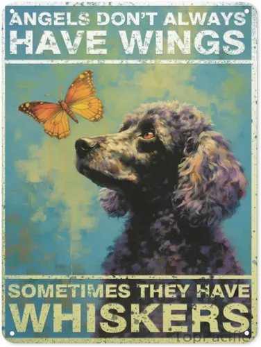 Póster de pared vintage, placa de metal, ángeles no siempre tienen alas a veces tienen bigotes, póster de pared de metal caniche, placas de ángel,