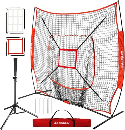 BaseGoal Red de práctica de sóftbol de béisbol de 7 x 7 pies, respaldo de béisbol, con camiseta de bateo, para golpear lanzar, batear, atrapar con