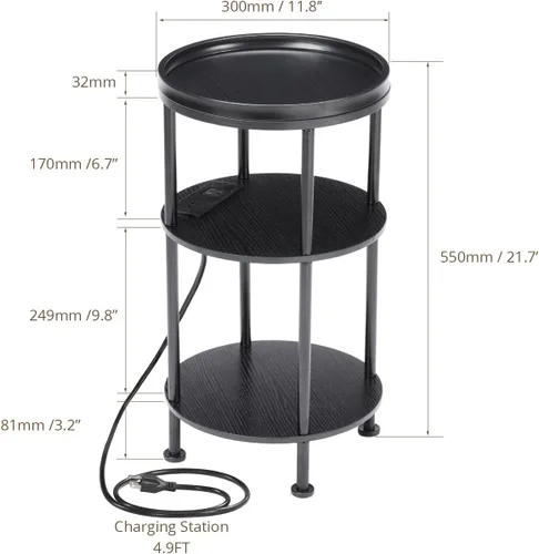 Miniatura 2 de Mesa auxiliar redonda pequeña con estación de carga para espacios pequeños, mesa decorativa de 3 niveles con puertos USB y tomas de corriente, mesa