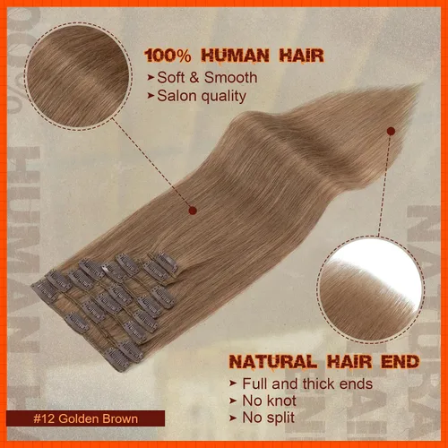 Miniatura 2 de Benehair Extensiones de cabello humano real con clip, 20 pulgadas, largo, lacio, Remy natural, cabeza completa, 8 piezas, 18 clips, extensiones