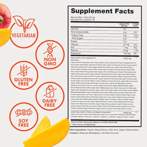 Miniatura 4 de Zena Nutrition Polvo de Súper Verdes Orgánico, 70+ Superalimentos, 0 Azúcar, 3G de Fibra, Espirulina, Chlorella, Hongos, Prebióticos/Probióticos