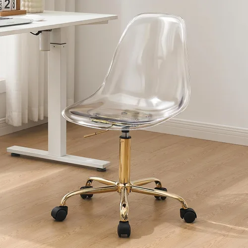 Miniatura 9 de Lessmore Silla de escritorio de acrílico transparente con cojín de piel sintética, silla ajustable de oficina en casa con ruedas, silla de tocador