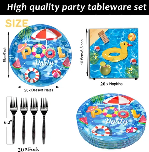 Miniatura 3 de Juego de 60 piezas de vajilla para fiesta en la piscina, platos de fiesta en la piscina de 7 pulgadas y servilletas de piscina, tenedor