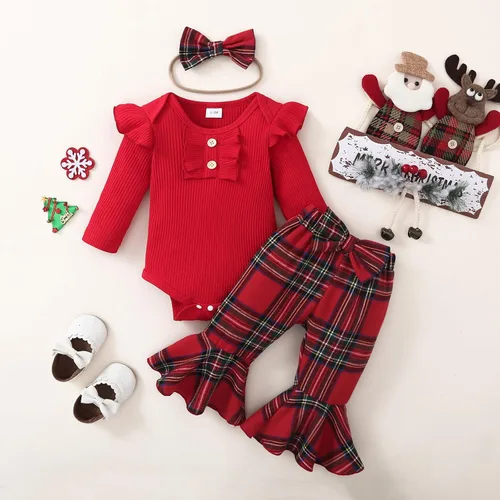 Miniatura 24 de Kuriozud Conjunto de mameluco con volantes para bebé recién nacida, con volantes, lindo conjunto de pantalones acampanados con diadema