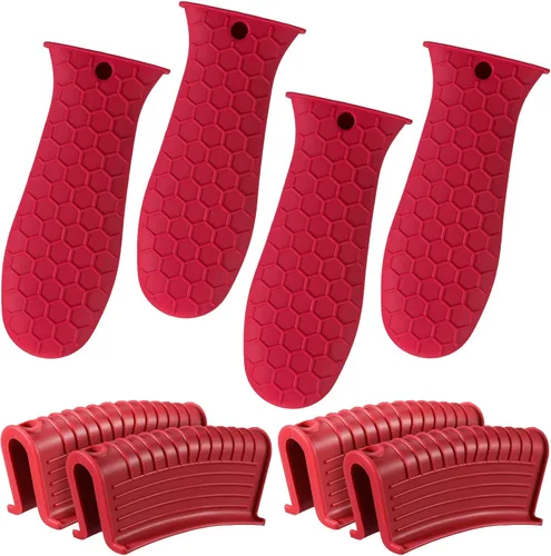Miniatura 8 de Patelai Juego de 8 soportes de silicona para ollas, funda de mango de hierro fundido, resistente al calor, agarradera, antideslizante, reutilizable