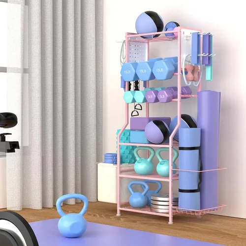 Miniatura 2 de Estante para mancuernas, almacenamiento de gimnasio en casa para pesas rusas, esterilla de yoga y equipo de entrenamiento de fuerza, estante de Rosa