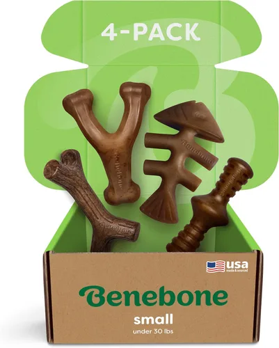 Benebone - Paquete de 4 juguetes para masticar pequeños para perros agresivos, fabricados en Estados Unidos, para perros de 13.6 kg y menos