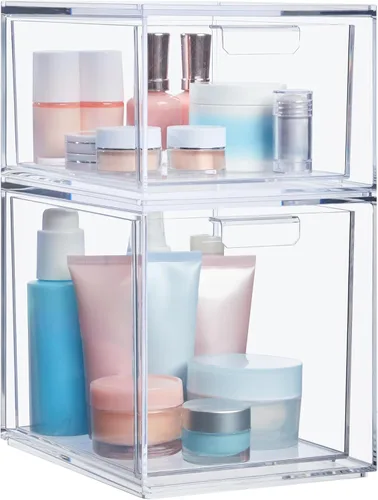 Miniatura 10 de STORi Audrey - Cajones organizadores apilables de plástico transparente Juego de 2 piezas Organiza cosméticos y suministros de belleza en un