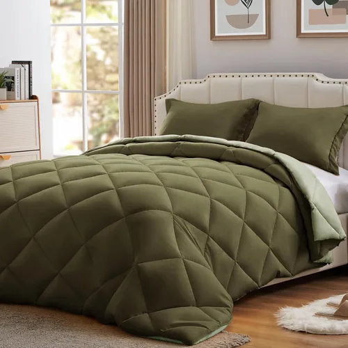 Miniatura 13 de NexHome - Juego de edredón individual Sage & Beige, juego de edredón reversible de 2 piezas, ligero, de plumón alternativo, juego de ropa de cama