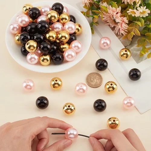 Miniatura 3 de PH PandaHall 60 cuentas de goma de mascar de 0.787 pulgadas – Espaciador de resina de oro negro, cuentas focales de imitación para joyería, pulsera