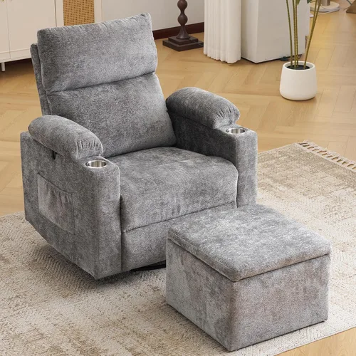 Miniatura 19 de Silla Reclinable Eléctrica de Gran Tamaño Giratoria Deslizante con Masaje y Calor, Sillón Reclinable Giratorio Mecedor con Reposabrazos Ajustables