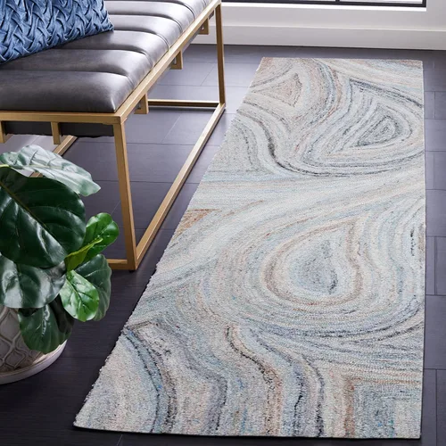 SAFAVIEH Abstract Collection - Alfombra de pasillo, 2 pies 3 pulgadas x 8 pies, beige y azul, lana hecha a mano, ideal para zonas de alto tráfico en