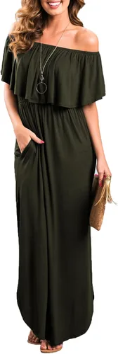 Sarin Mathews - Vestido de fiesta para mujer estilo casual largo hasta los tobillos con volantes hombros descubiertos abertura lateral y bolsillos