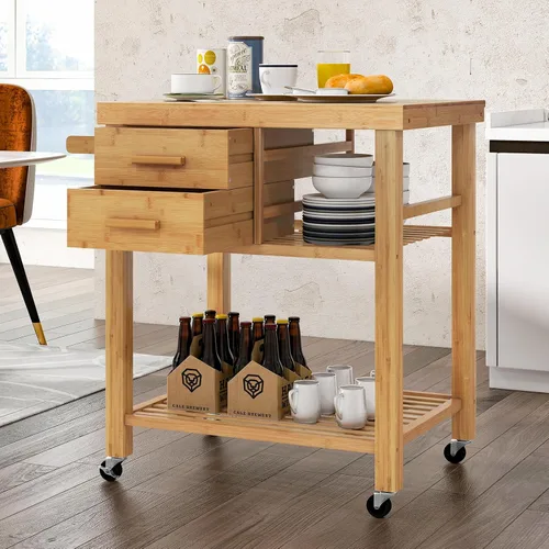 Miniatura 2 de LOKO Carrito de isla de cocina con ruedas, carrito de cocina con ruedas, carrito de cocina de madera rodante con cajones, estantes, toallero