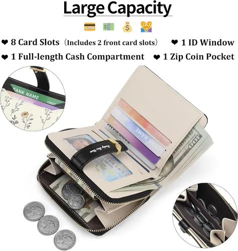 Miniatura 2 de GAEKEAO - Billetera pequeña para mujer con bloqueo RFID, de cuero vegano, plegable, con estampado floral, monedero con bolsillo con cremallera