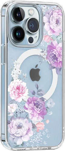 Miniatura 5 de para iPhone 13 Mini Magsafe Funda, Protector Delgado Floral a Prueba de Golpes PC+TPU Bumper Floral Linda Mujer Cubierta Magnética flor (flower 6)