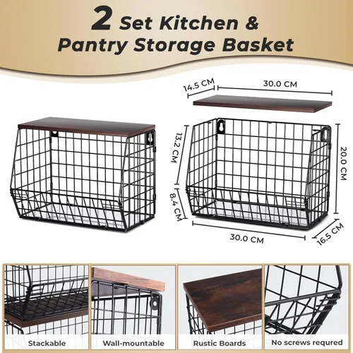 Miniatura 2 de Mefirt 2 cestas de frutas para almacenamiento de cocina con tapa de madera, cesta de pared apilable para cocina, organizador de encimera para Marrón