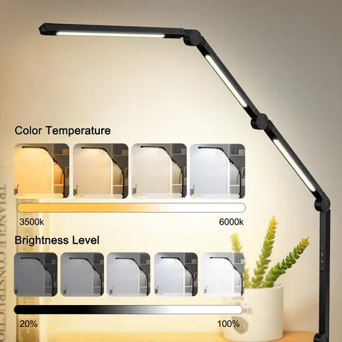 Miniatura 6 de Lámpara de escritorio LED con abrazadera y brazo flexible - 3 fuentes de luz, 4 modos de color y 5 niveles de brillo, luz de mesa para cuidar