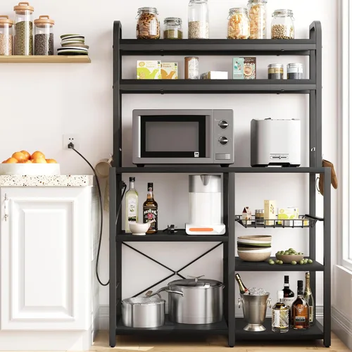 Miniatura 3 de Amyove Estante para panaderos con toma de corriente, barra de café con cajón de alambre, soporte para microondas, mesa de cocina con gran Negro