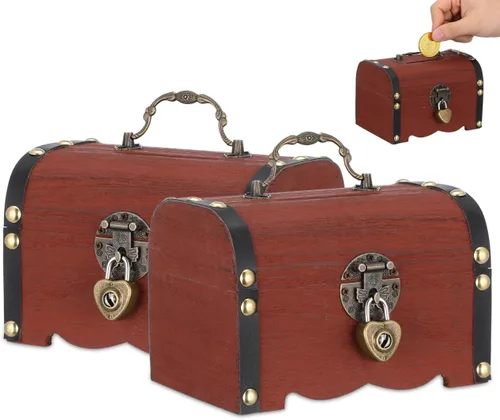 DOITOOL Cofre del tesoro vintage de madera con cerradura, paquete de 2 organizadores de alcancía, caja de almacenamiento de dinero pequeña de 5.70 x