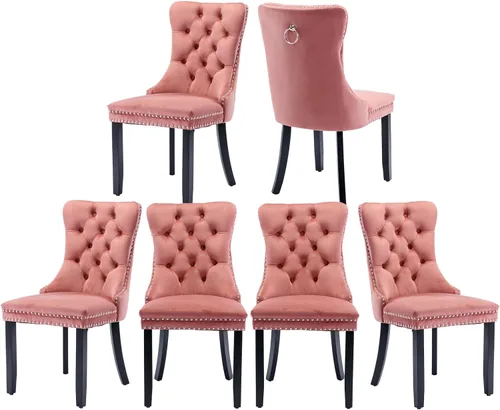 Miniatura 87 de Juego de 2 sillas de comedor de terciopelo, silla de comedor tapizada de alta gama con tirador de anillo en la espalda, adorno de clavos y patas