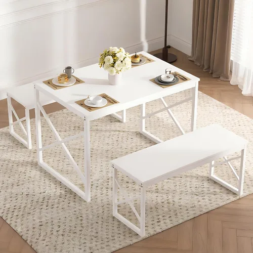 Miniatura 19 de VECELO Juego de mesa de comedor de cocina de 43.3 pulgadas para 4, marco de acero resistente y mesa de grano de madera, juegos de comedor que