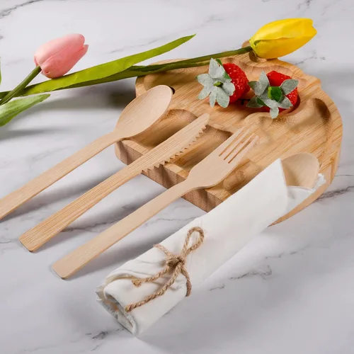Miniatura 3 de Juego de servilletas y cubiertos de bambú preenrollados, paquete de 100 utensilios de bambú/cubiertos compostables