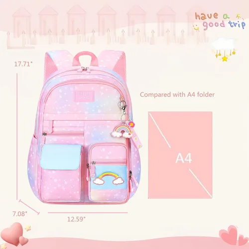 Miniatura 2 de Mochila infantil con diseño de arcoíris degradado para niñas, escuela primaria, con estampado de corazón, mochila escolar con compartimentos