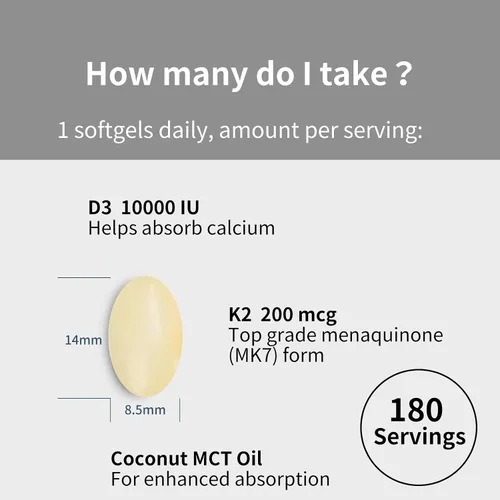 Miniatura 2 de D3 k2 Vitamina 10000 iu, 180 cápsulas blandas de aceite de coco Suplemento de vitaminas 2 en 1 D3 10000 UI y K2 (MK7) 200 mcg, fácil de tragar